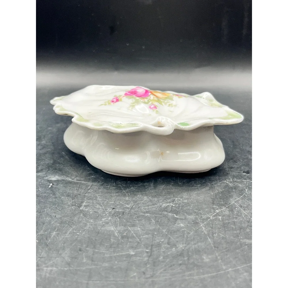 Antique R&S Germany Porcelain Trinket Box Leaf Dish Rose Floral‎ Lidded 4.25